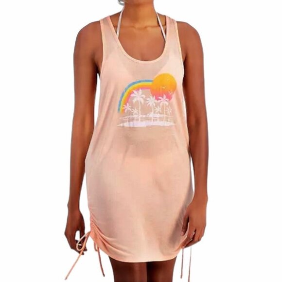 MIKEN Junior's Graphic-Print Side-Shirred Dress Cover-Up Tropical Peach - Picture 1 of 6